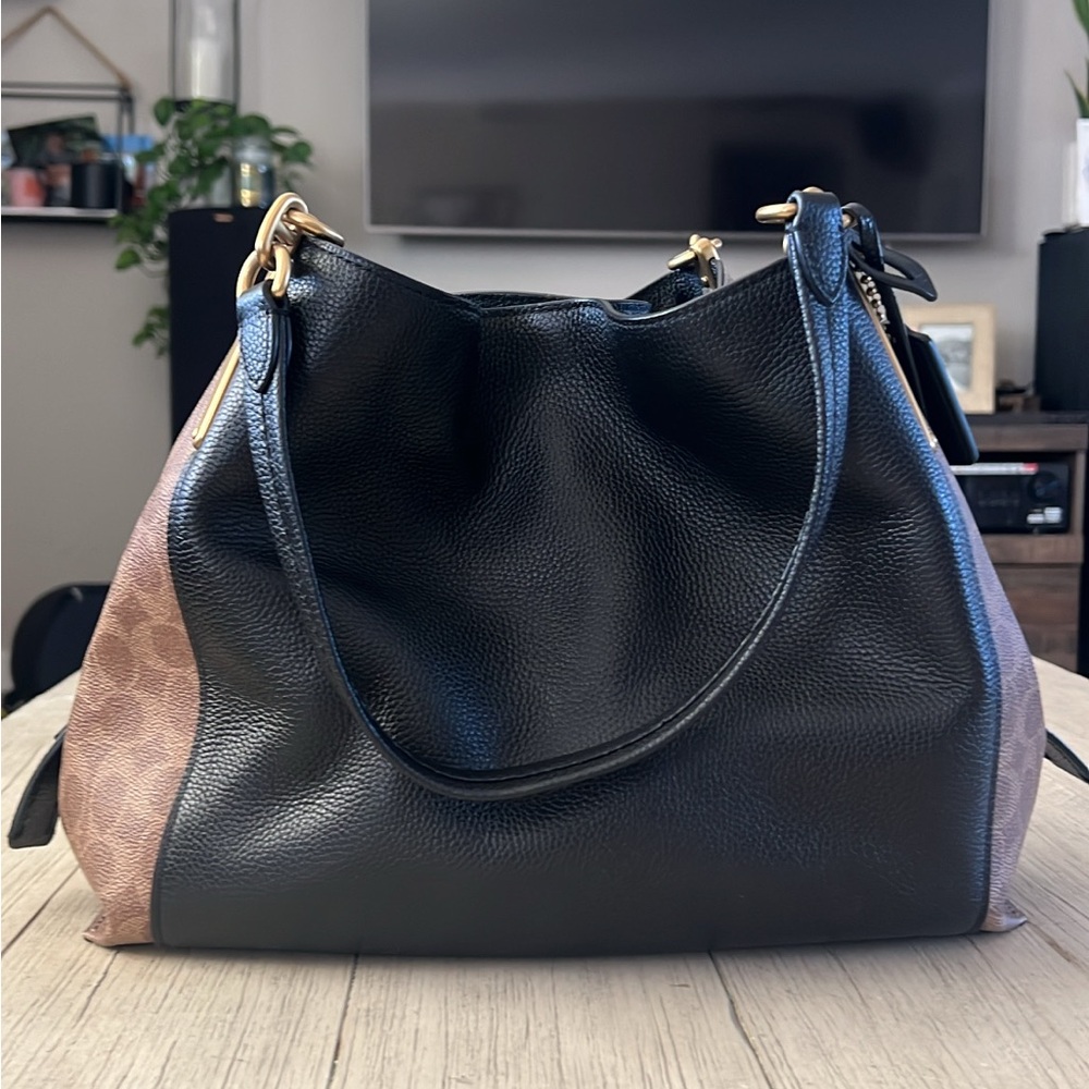 Coach Mixed Leather Signature Satchel-Style 9873-Black &Brown-Triple Compartment